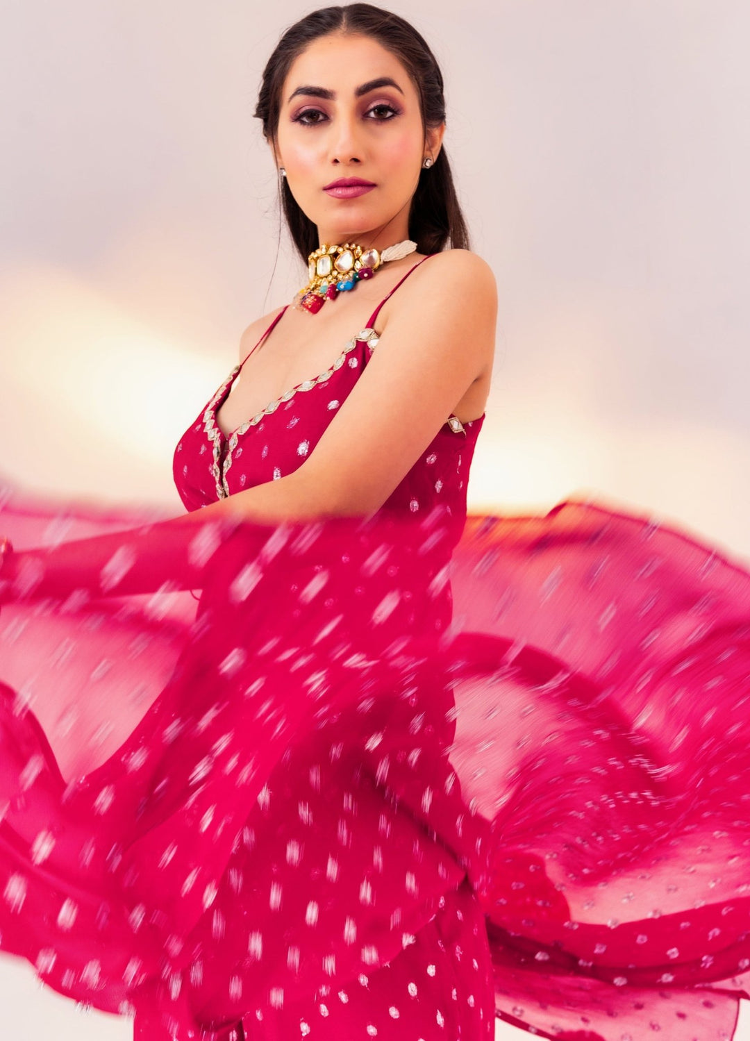 Rani Pink Printed Georgette Kurta Set With Pant Silky Bindra - Fabilicious Fashion
