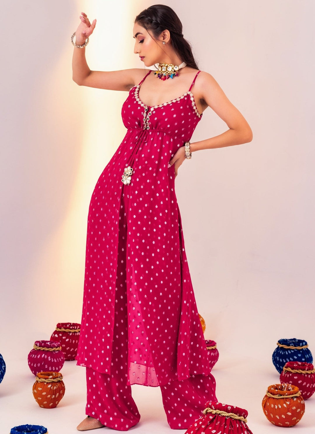 Rani Pink Printed Georgette Kurta Set With Pant Silky Bindra - Fabilicious Fashion