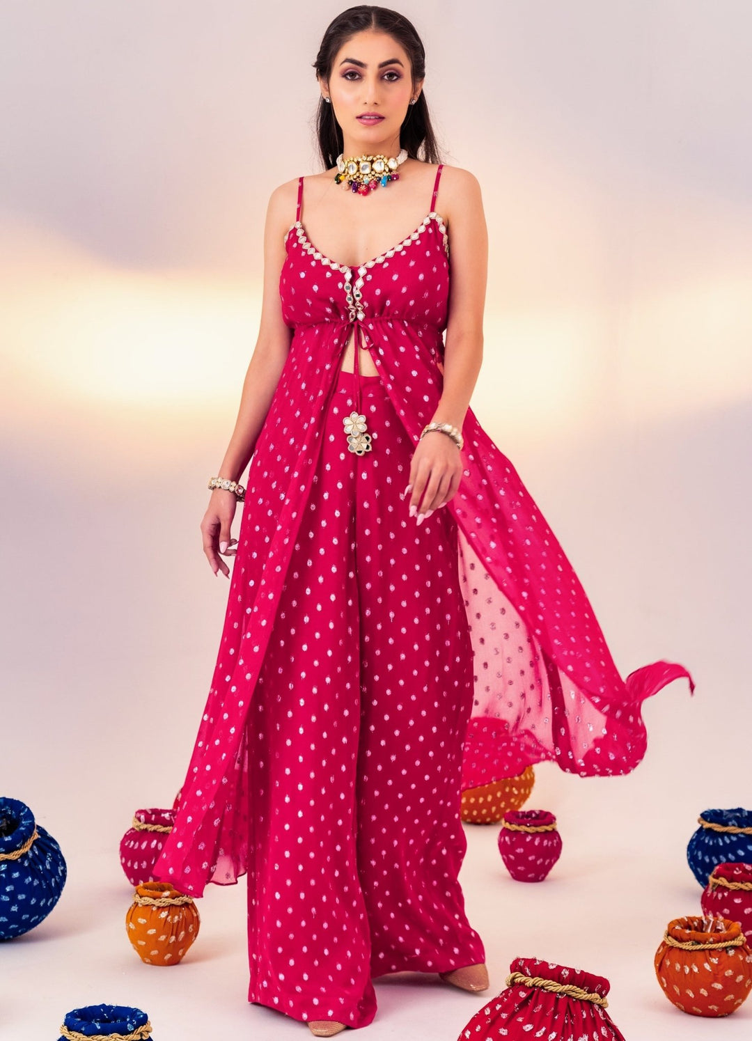 Rani Pink Printed Georgette Kurta Set With Pant Silky Bindra - Fabilicious Fashion