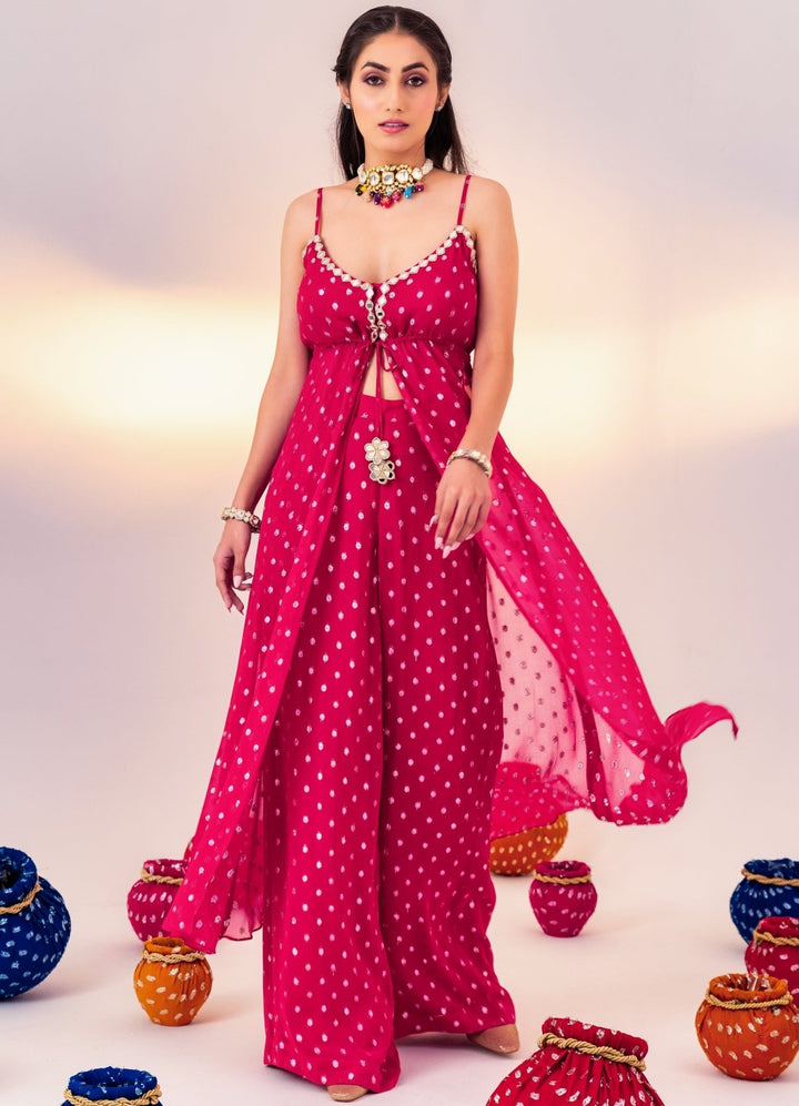 Rani Pink Printed Georgette Kurta Set With Pant Silky Bindra - Fabilicious Fashion