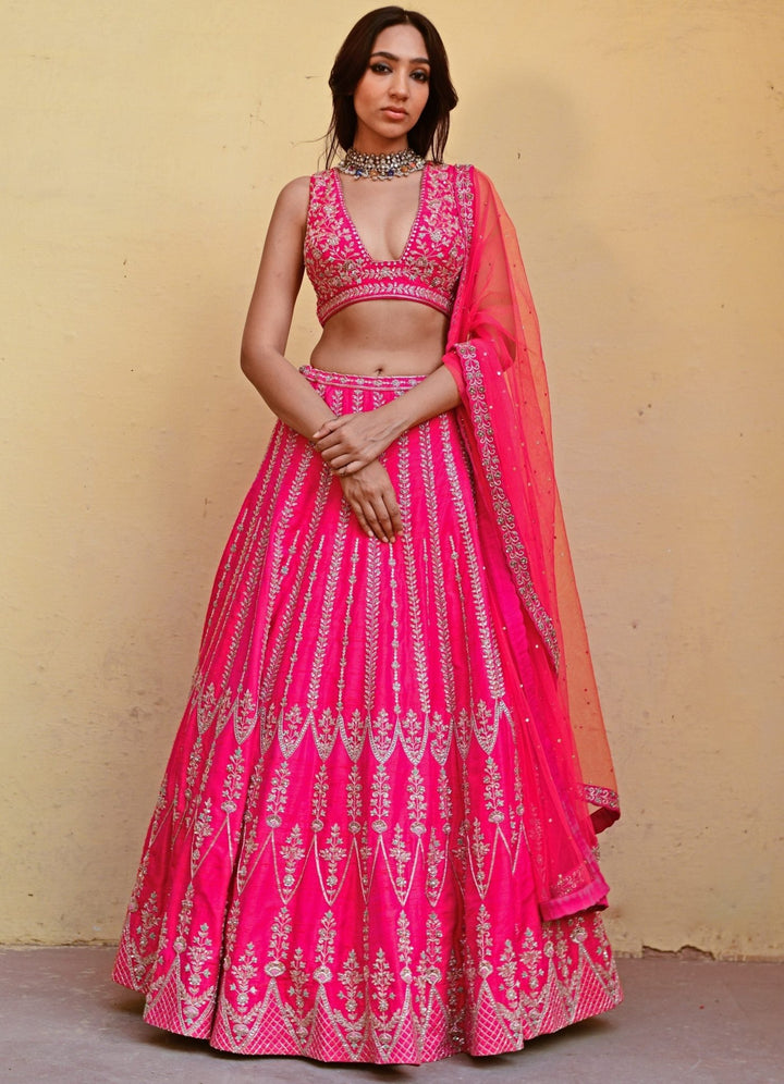 Rani Pink Resham and Zari Lehenga Set Chamee n Palak - Fabilicious Fashion