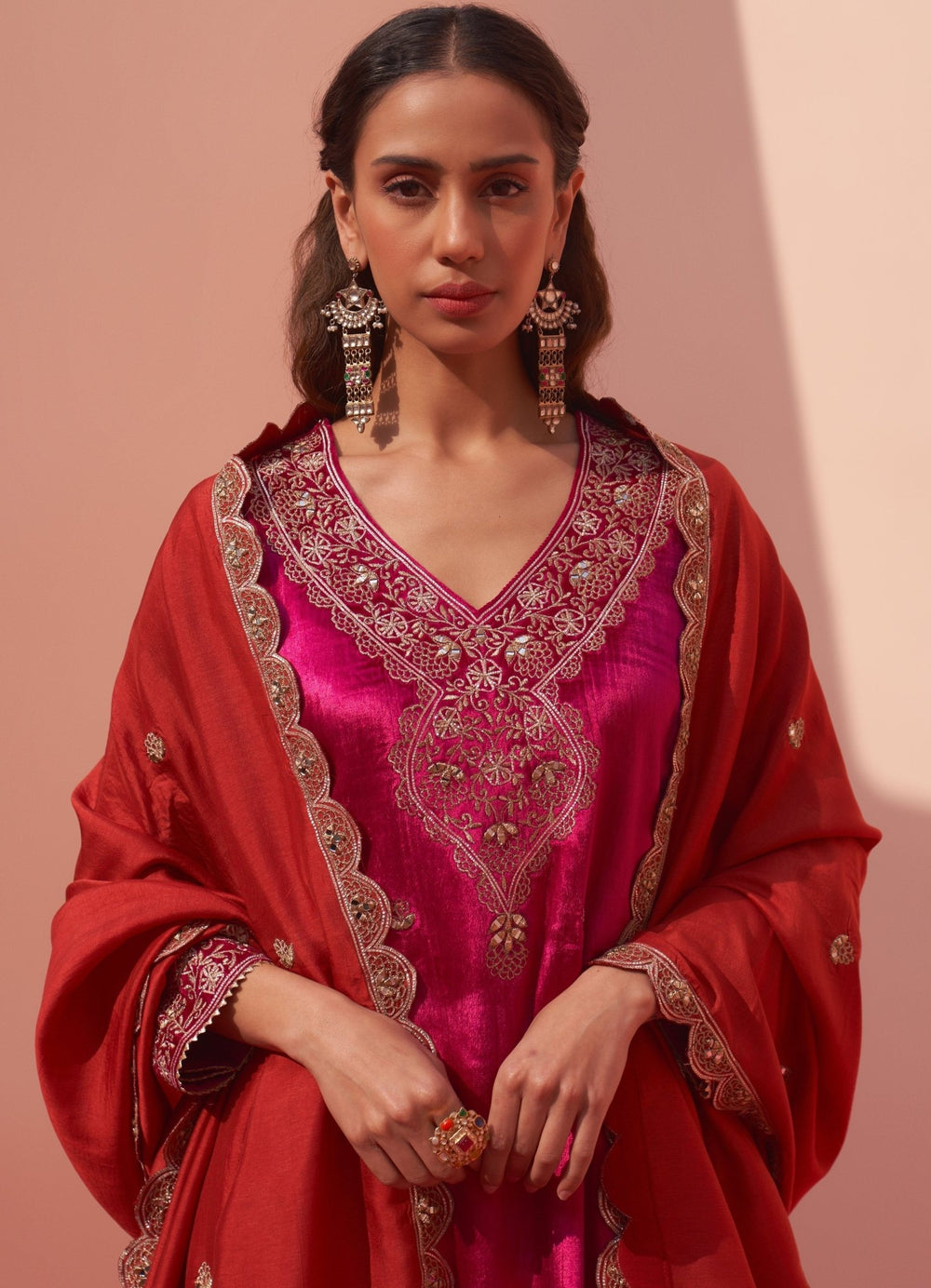 Rani Pink Velvet Kurta Set Angad Singh - Fabilicious Fashion
