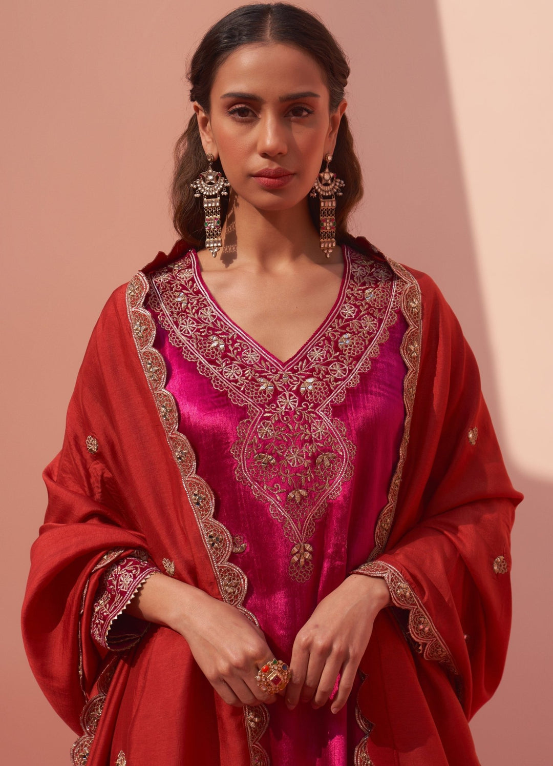 Rani Pink Velvet Kurta Set Angad Singh - Fabilicious Fashion