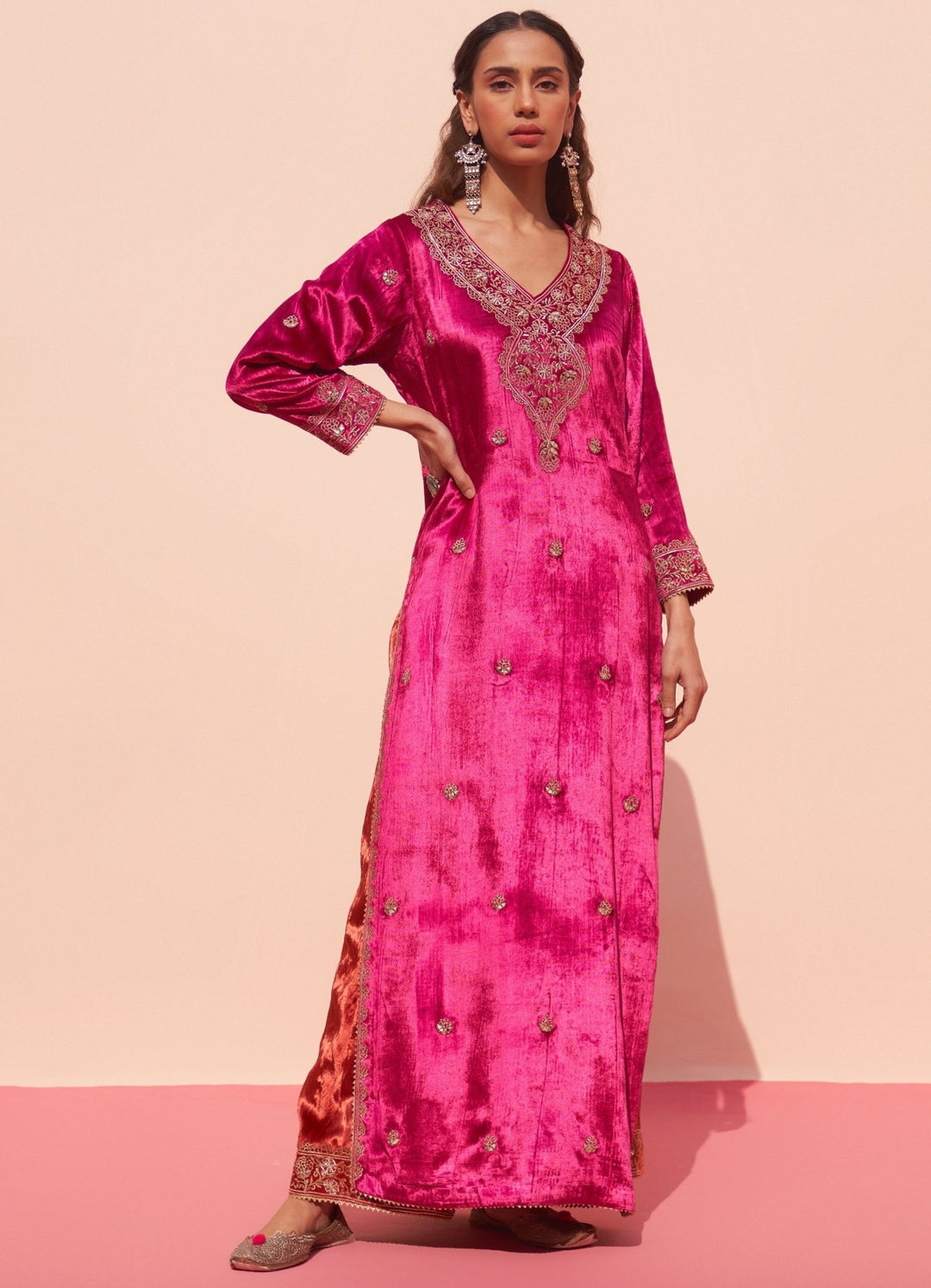 Rani Pink Velvet Kurta Set Angad Singh - Fabilicious Fashion