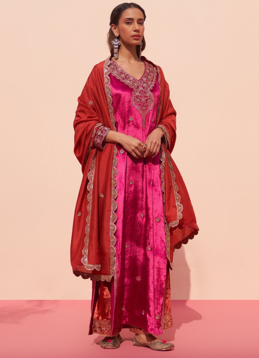 Rani Pink Velvet Kurta Set Angad Singh - Fabilicious Fashion