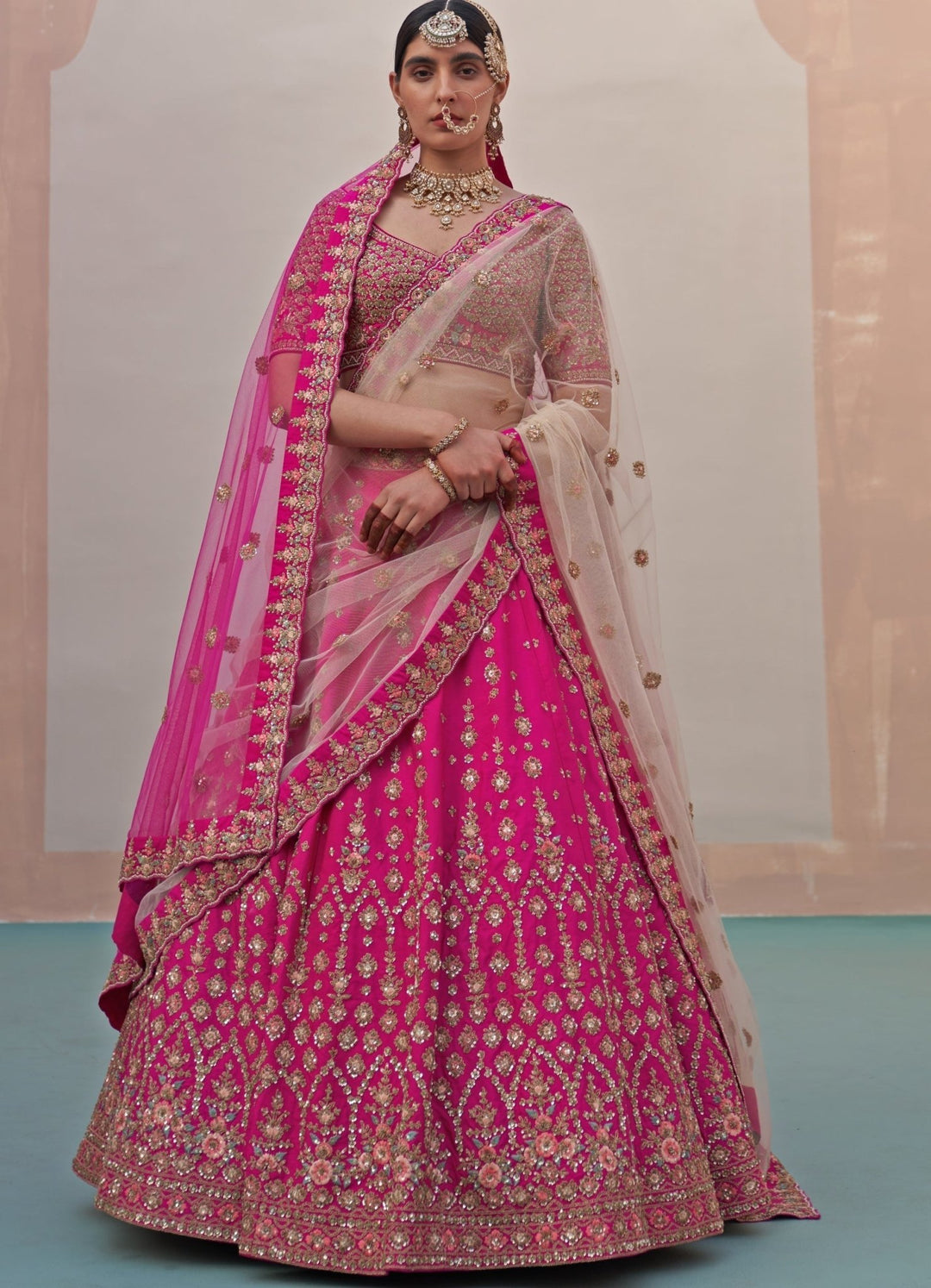 Rani Pink White and Pink Double Dupatta Lehenga Set Angad Singh - Fabilicious Fashion