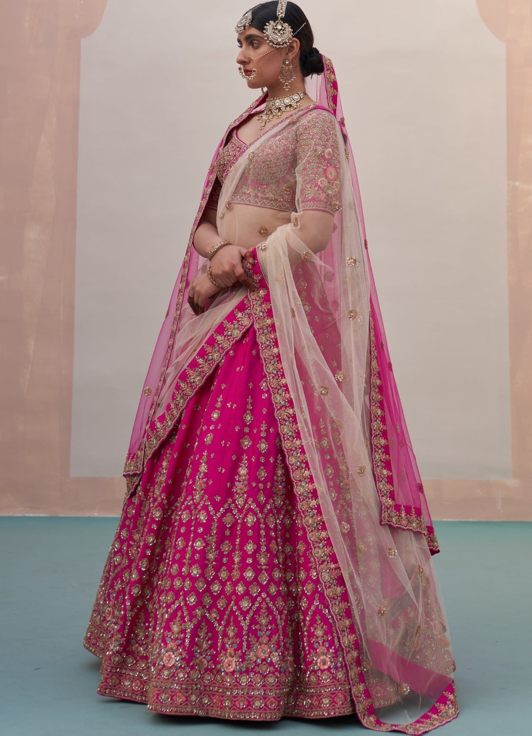 Rani Pink White and Pink Double Dupatta Lehenga Set Angad Singh - Fabilicious Fashion
