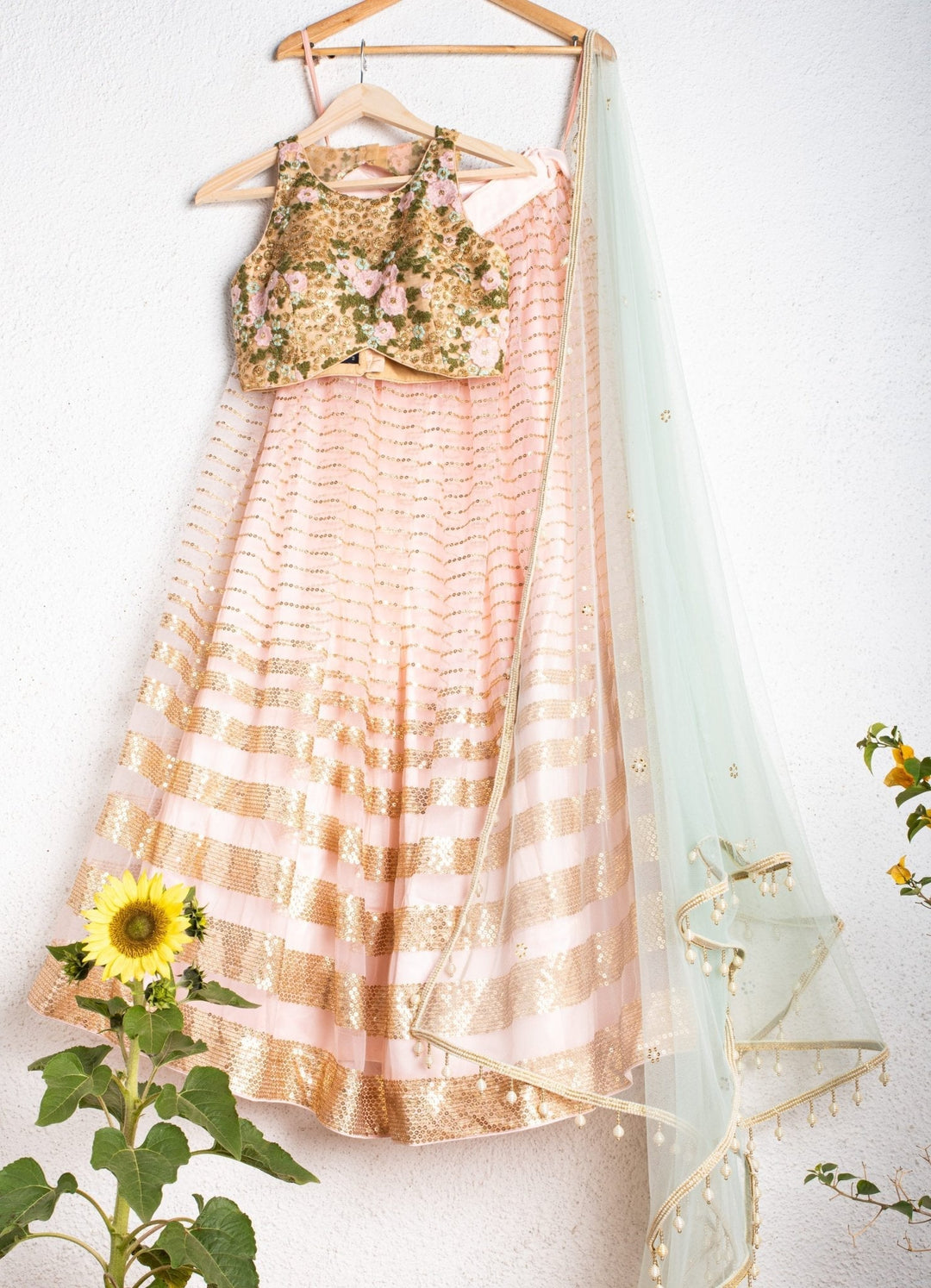 Ready ri Ship Rose Pink Lehenga With Oyster Floral Blouse And Mint Blue Dupatta Anisha Shetty - Fabilicious Fashion