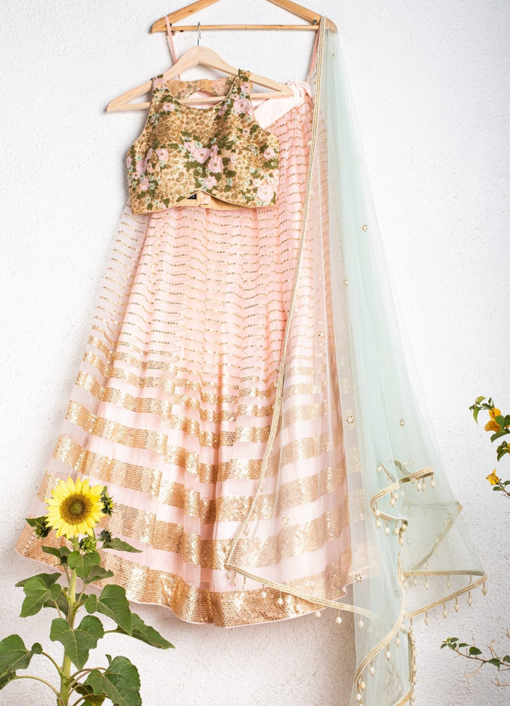 Ready ri Ship Rose Pink Lehenga With Oyster Floral Blouse And Mint Blue Dupatta Anisha Shetty - Fabilicious Fashion