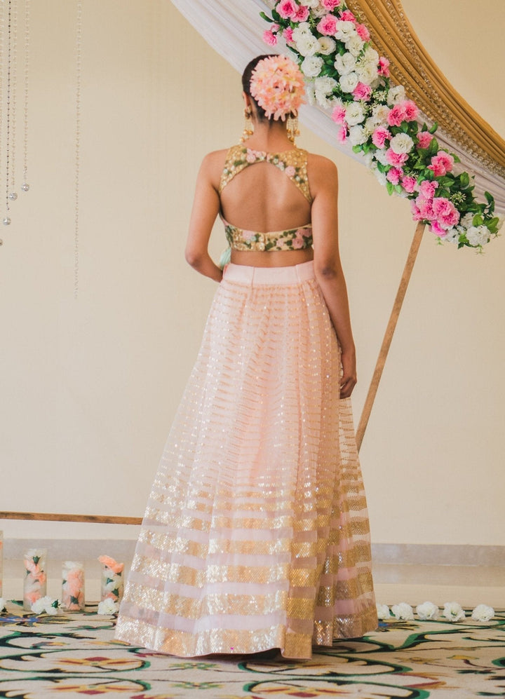 Ready ri Ship Rose Pink Lehenga With Oyster Floral Blouse And Mint Blue Dupatta Anisha Shetty - Fabilicious Fashion