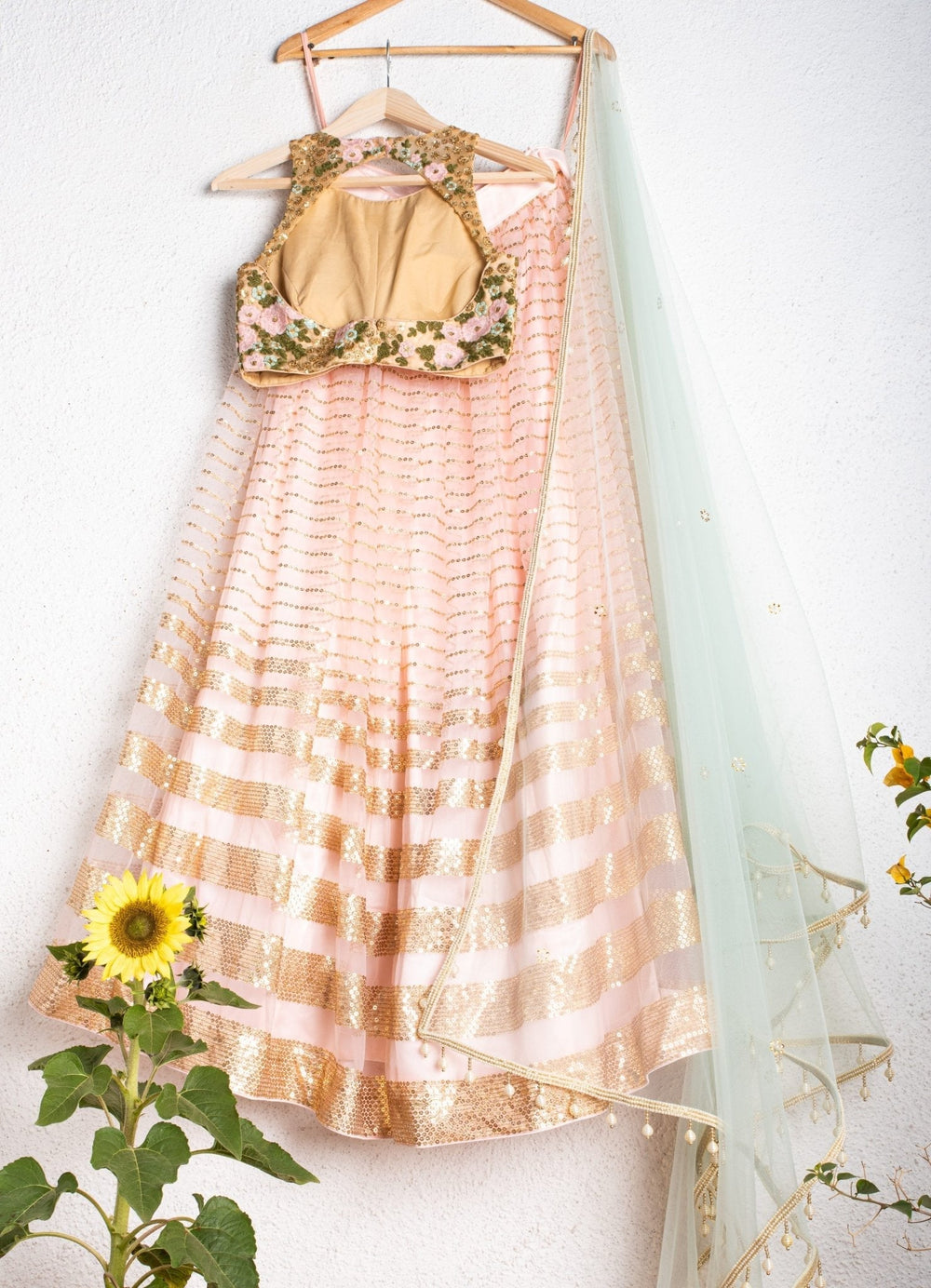 Ready ri Ship Rose Pink Lehenga With Oyster Floral Blouse And Mint Blue Dupatta Anisha Shetty - Fabilicious Fashion