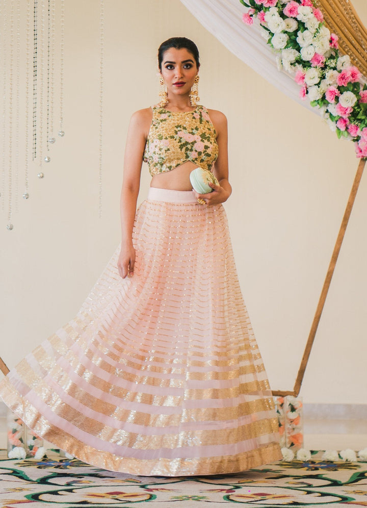Ready ri Ship Rose Pink Lehenga With Oyster Floral Blouse And Mint Blue Dupatta Anisha Shetty - Fabilicious Fashion