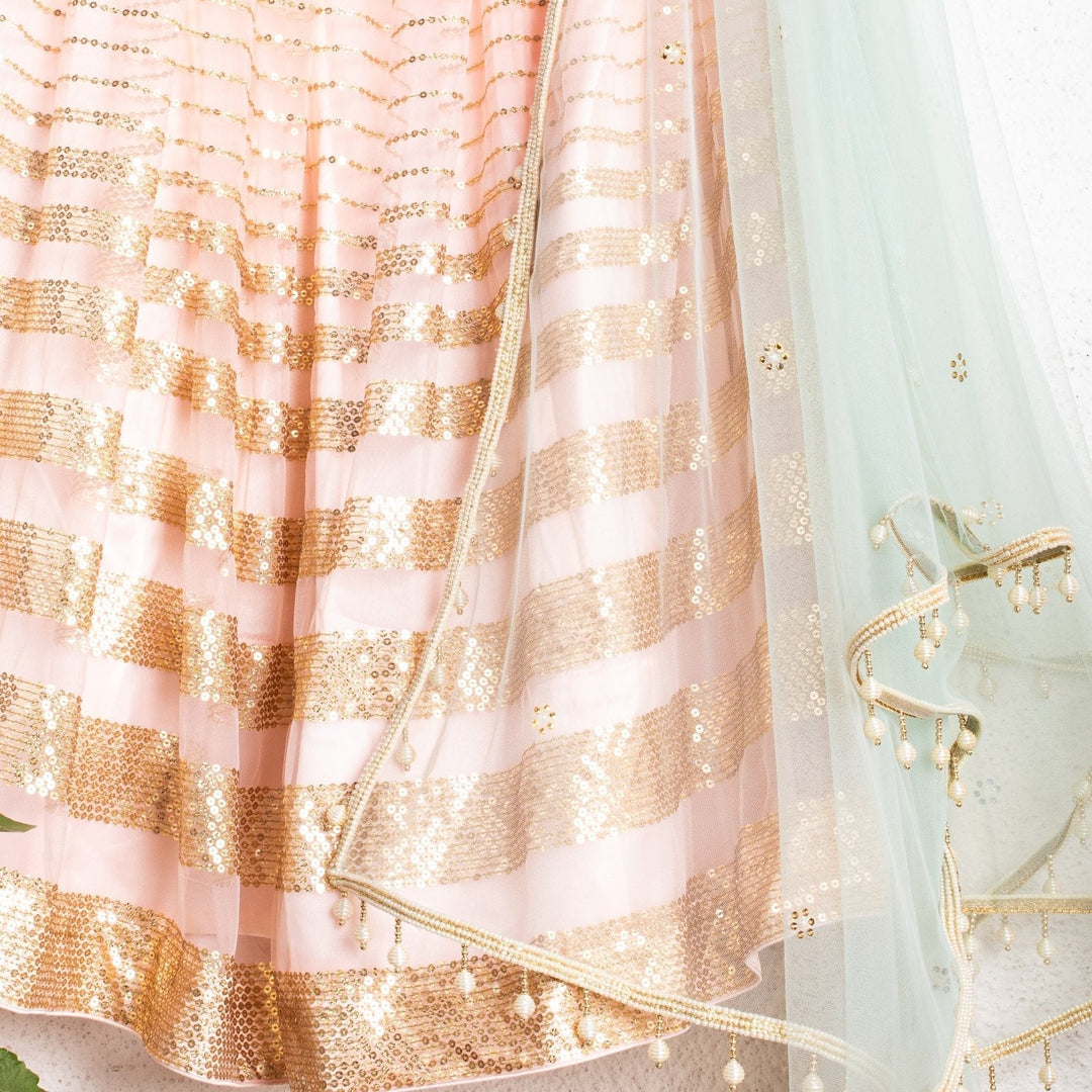 Ready ri Ship Rose Pink Lehenga With Oyster Floral Blouse And Mint Blue Dupatta Anisha Shetty - Fabilicious Fashion