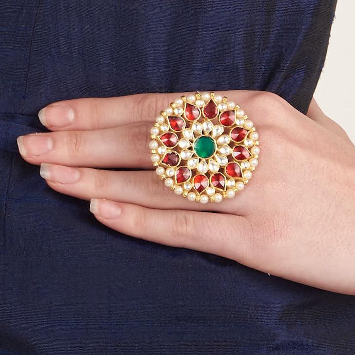 Red And Green Flower Ring Riana by Shikha Jindal - Fabilicious Fashion