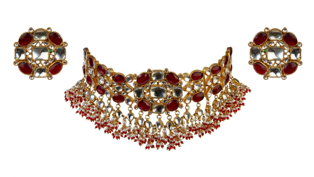 Red And White Floral Choker Set Riana by Shikha Jindal - Fabilicious Fashion