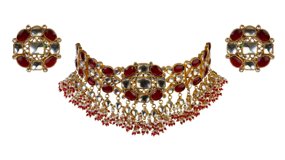 Red And White Floral Choker Set Riana by Shikha Jindal - Fabilicious Fashion