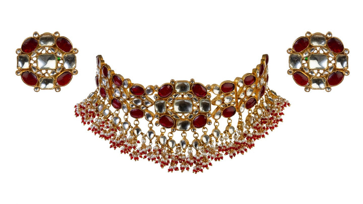 Red And White Floral Choker Set Riana by Shikha Jindal - Fabilicious Fashion