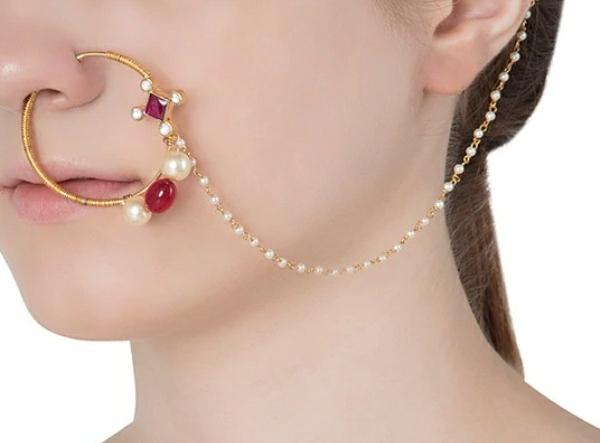 Red and White Nath With Square Stone Riana by Shikha Jindal - Fabilicious Fashion