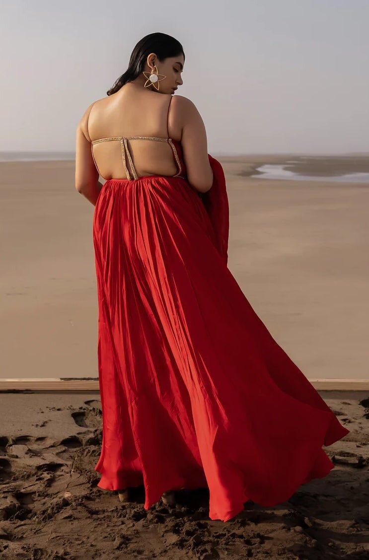 Red Backless Embroidered Anarkali With Border Dupatta Ease - Fabilicious Fashion