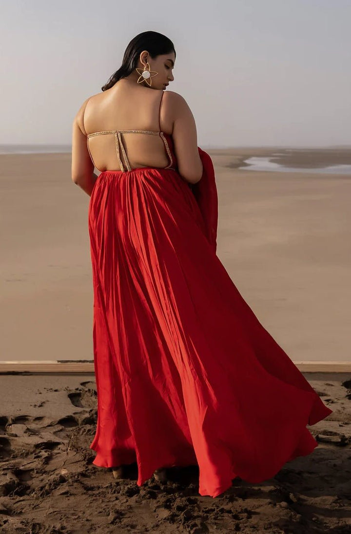 Red Backless Embroidered Anarkali With Border Dupatta Ease - Fabilicious Fashion