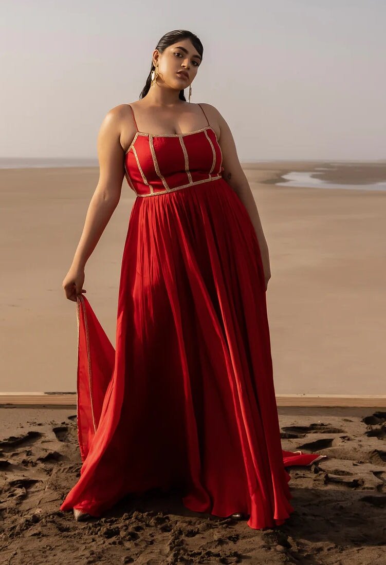 Red Backless Embroidered Anarkali With Border Dupatta Ease - Fabilicious Fashion