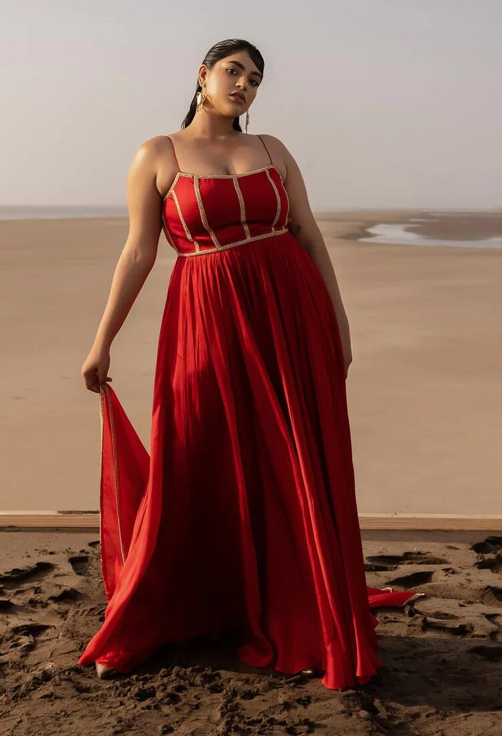 Red Backless Embroidered Anarkali With Border Dupatta Ease - Fabilicious Fashion