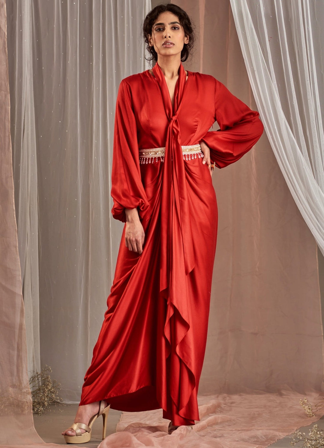 Red Balloon Sleeved Satin Draped Dress With Belts Nidhika Shekhar - Fabilicious Fashion