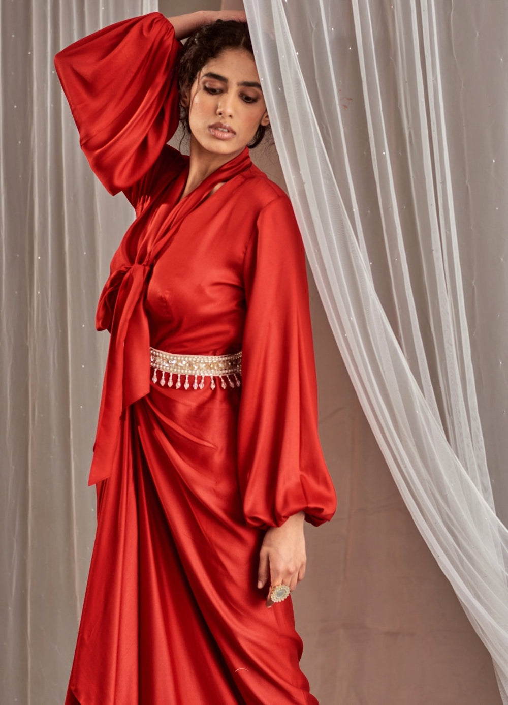 Red Balloon Sleeved Satin Draped Dress With Belts Nidhika Shekhar - Fabilicious Fashion