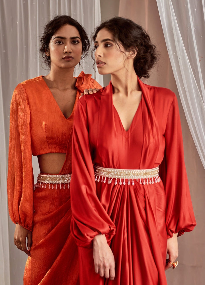 Red Balloon Sleeved Satin Draped Dress With Belts Nidhika Shekhar - Fabilicious Fashion