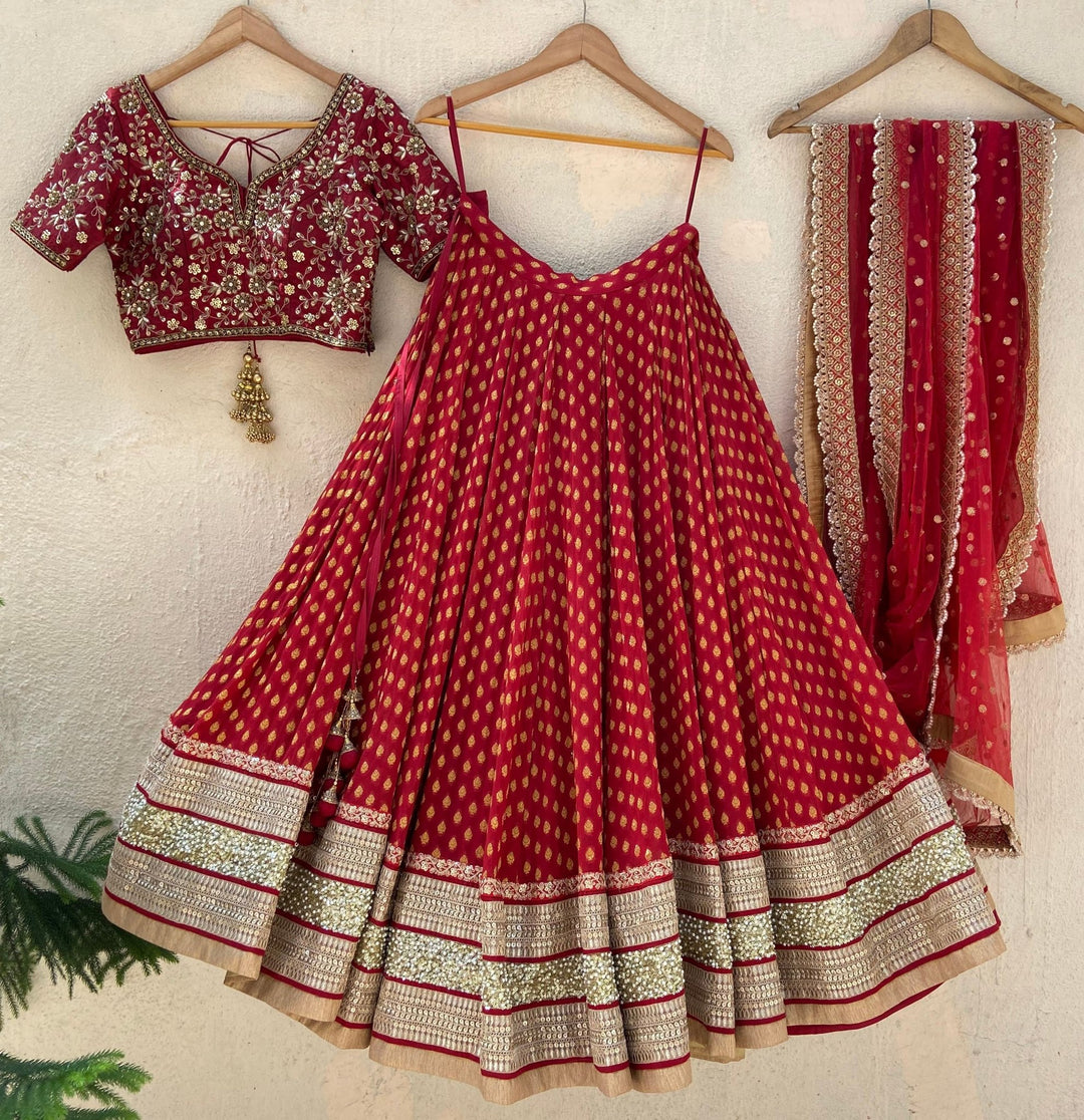 Red Bridal Hand Embroidered Lehenga Set Priti Sahni - Fabilicious Fashion