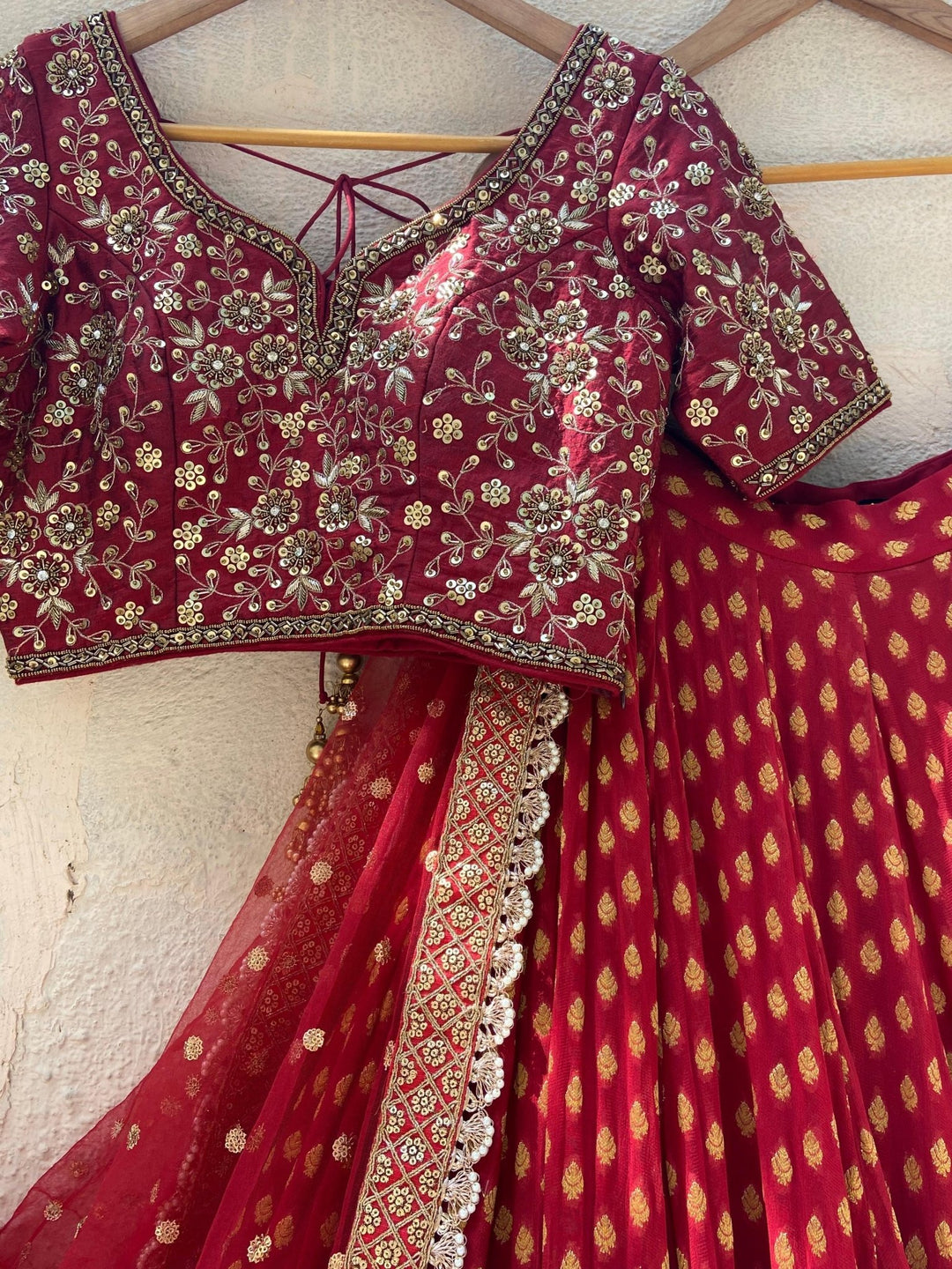 Red Bridal Hand Embroidered Lehenga Set Priti Sahni - Fabilicious Fashion