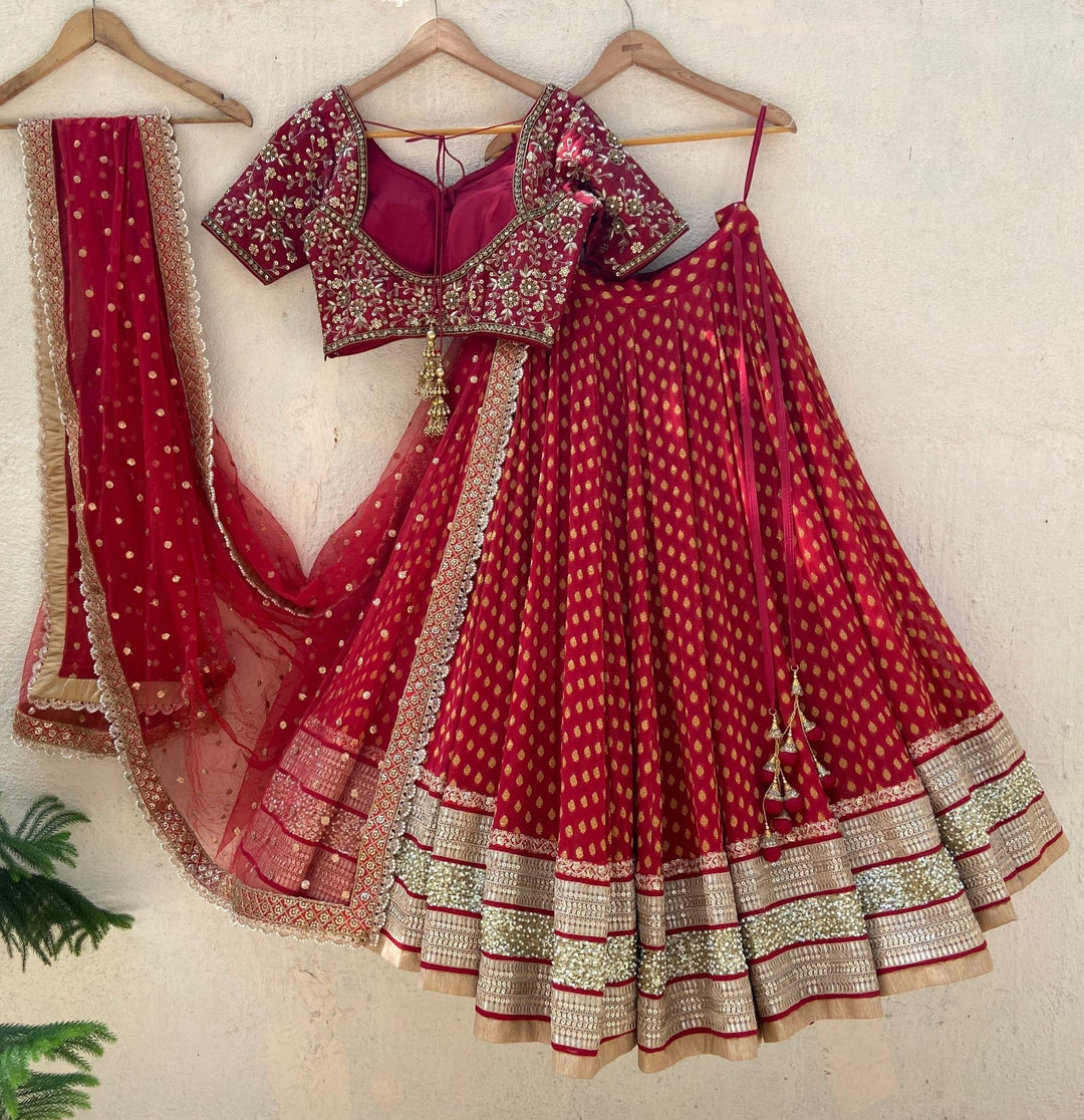Red Bridal Hand Embroidered Lehenga Set Priti Sahni - Fabilicious Fashion