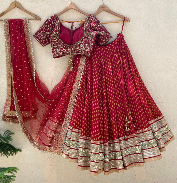 Red Bridal Hand Embroidered Lehenga Set Priti Sahni - Fabilicious Fashion