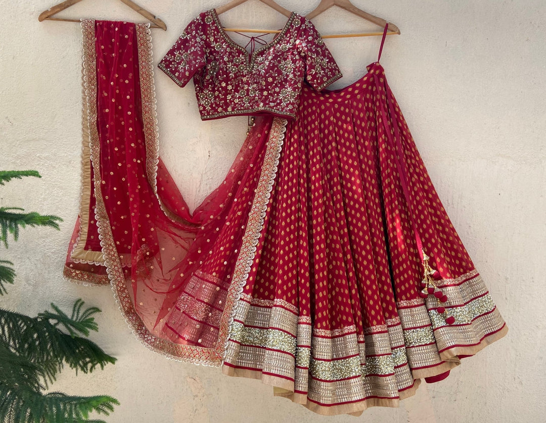 Red Bridal Hand Embroidered Lehenga Set Priti Sahni - Fabilicious Fashion