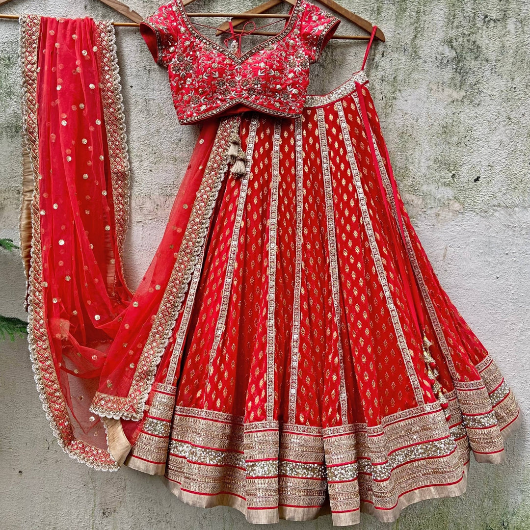 Red Bridal Panelled Sharmily Lehenga set Priti Sahni - Fabilicious Fashion