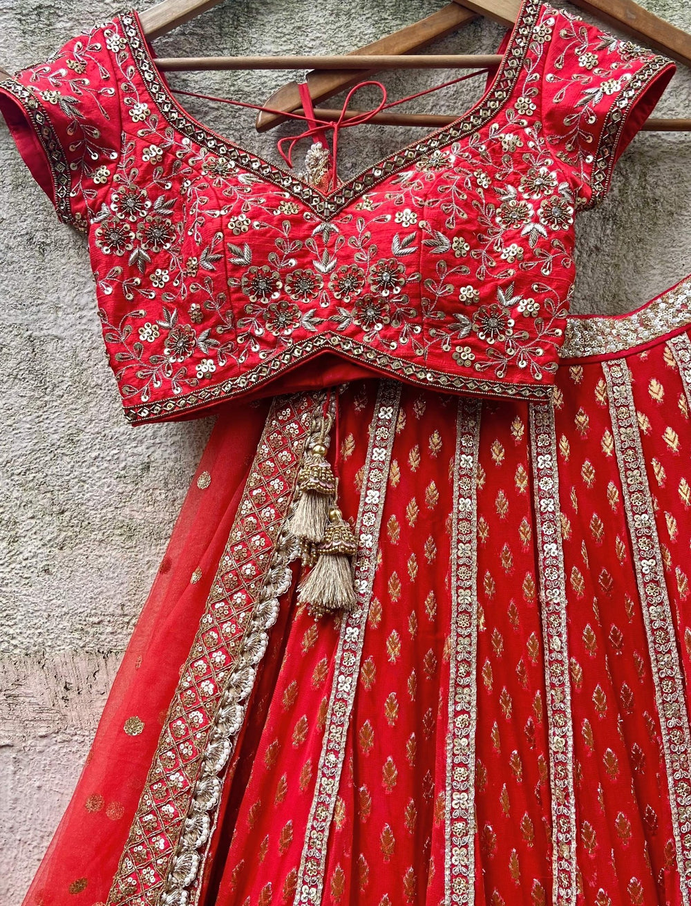 Red Bridal Panelled Sharmily Lehenga set Priti Sahni - Fabilicious Fashion
