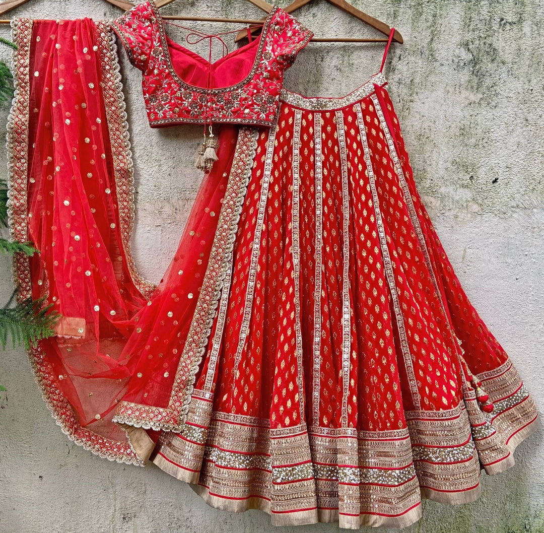 Red Bridal Panelled Sharmily Lehenga set Priti Sahni - Fabilicious Fashion