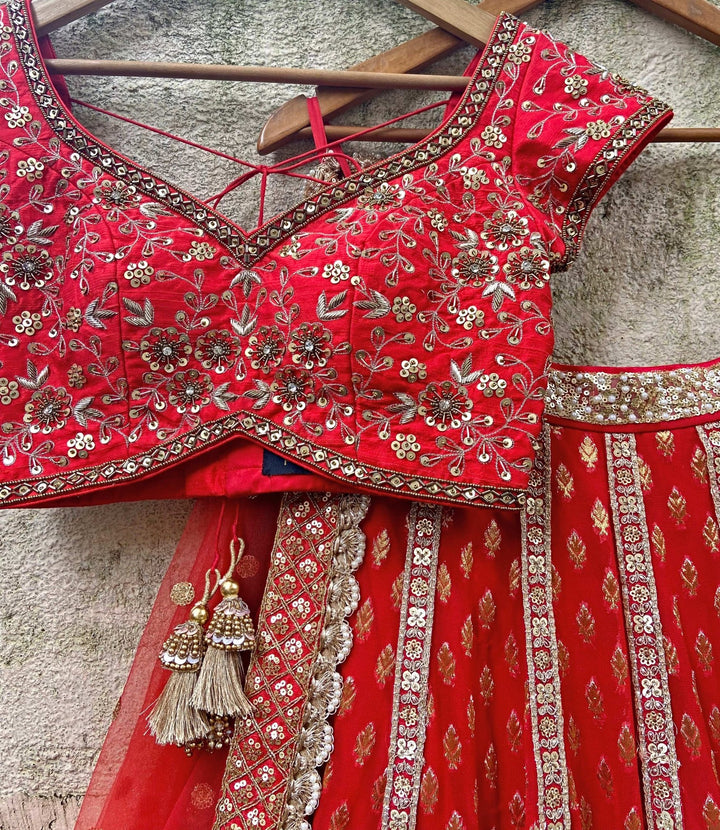 Red Bridal Panelled Sharmily Lehenga set Priti Sahni - Fabilicious Fashion