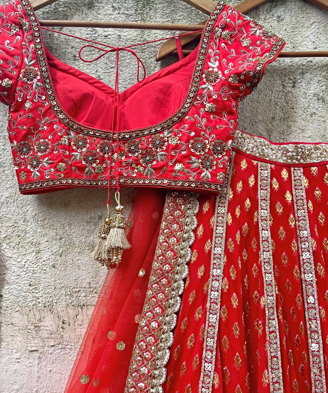 Red Bridal Panelled Sharmily Lehenga set Priti Sahni - Fabilicious Fashion