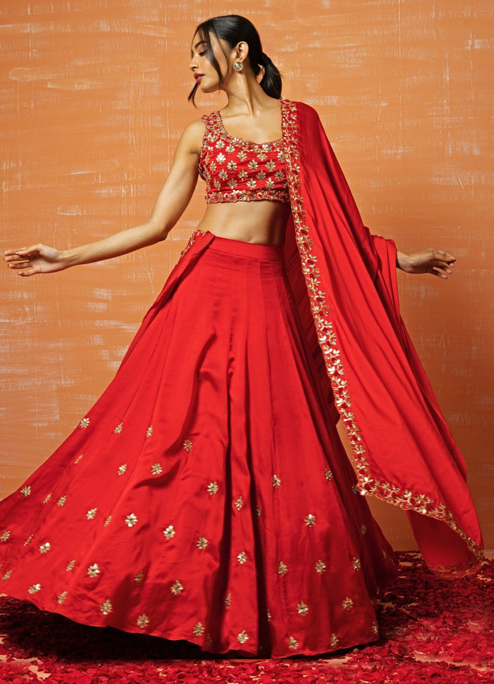 Red Chilli Mirror and Gota Lehenga Set QAT By Agni - Fabilicious Fashion