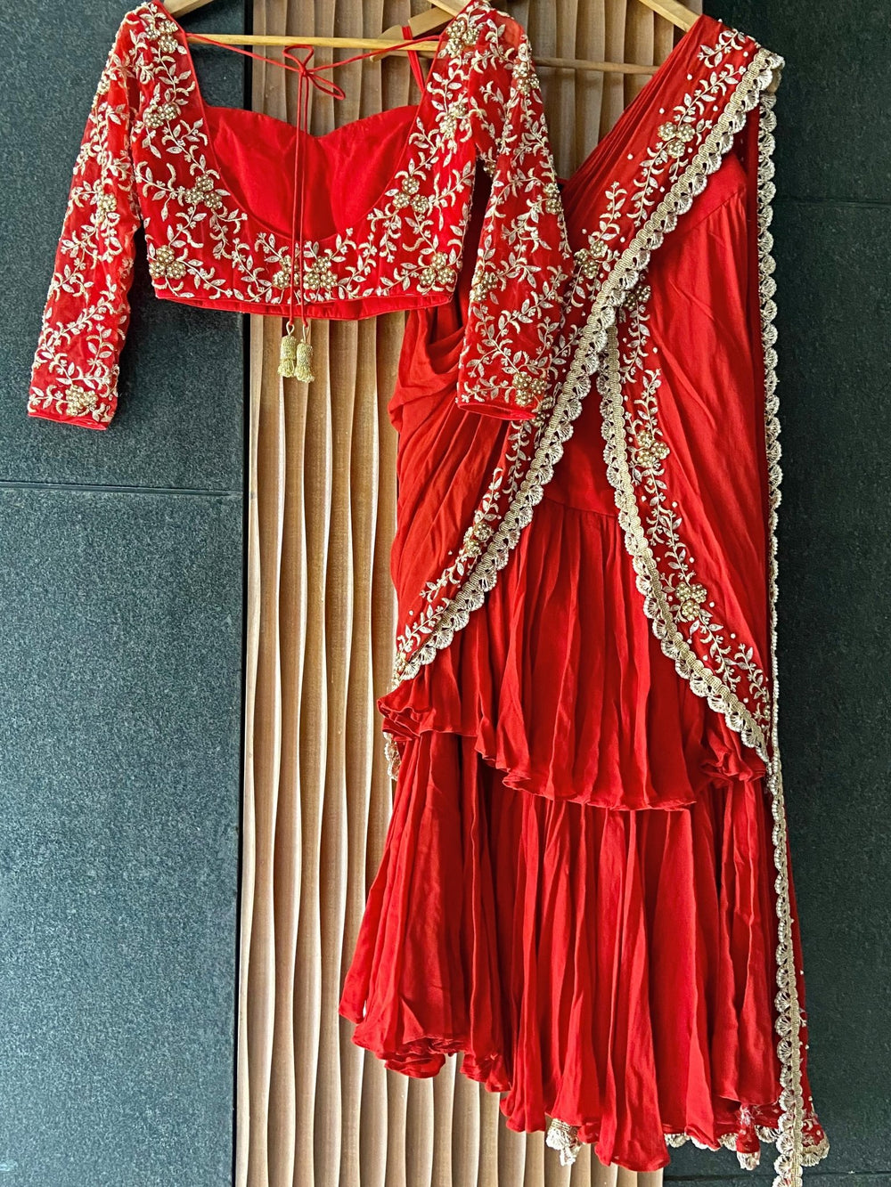 Red Draped Ruffle saree Priti Sahni - Fabilicious Fashion