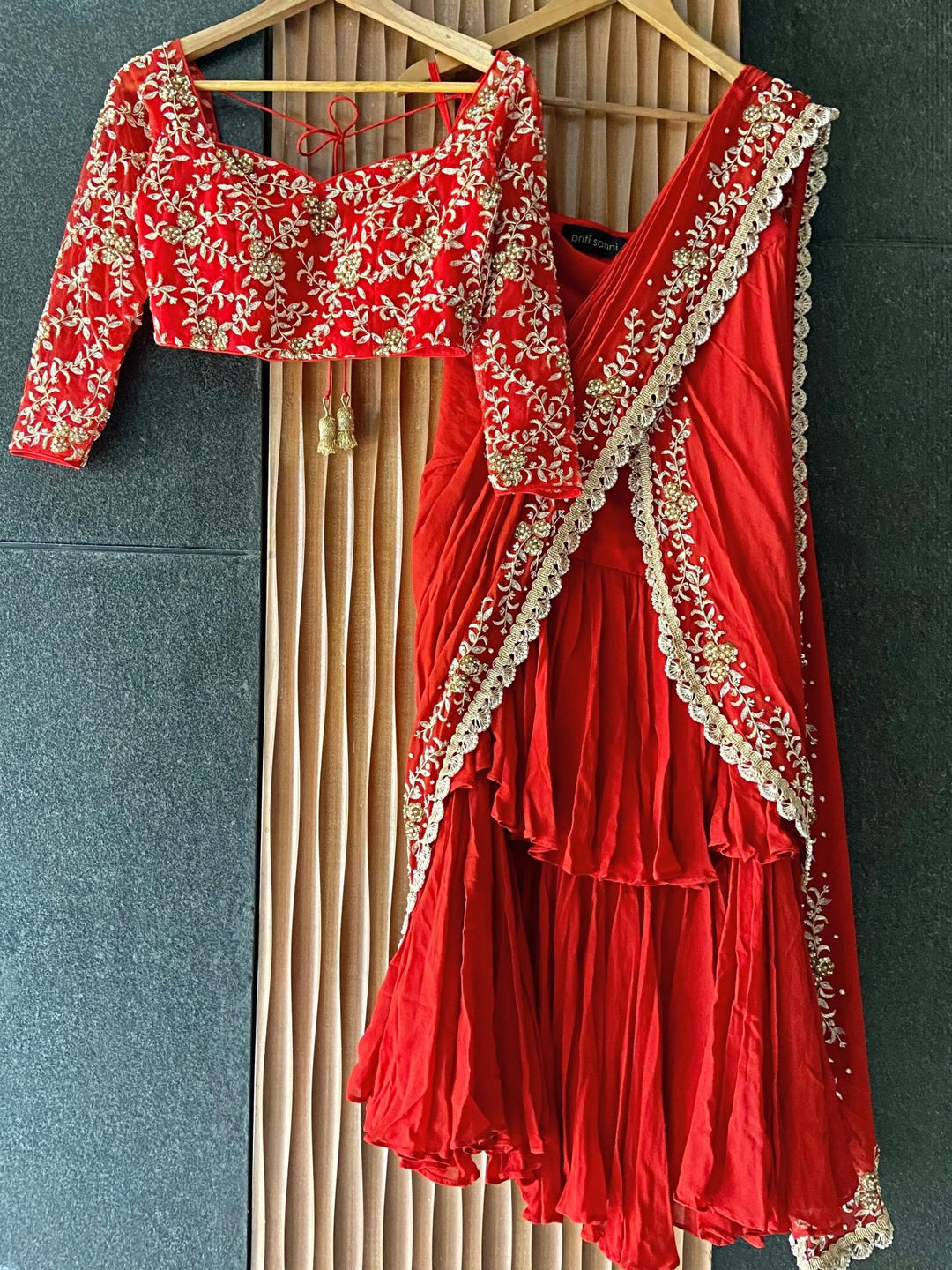 Red Draped Ruffle saree Priti Sahni - Fabilicious Fashion