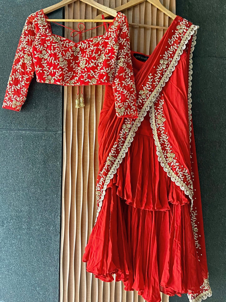 Red Draped Ruffle saree Priti Sahni - Fabilicious Fashion