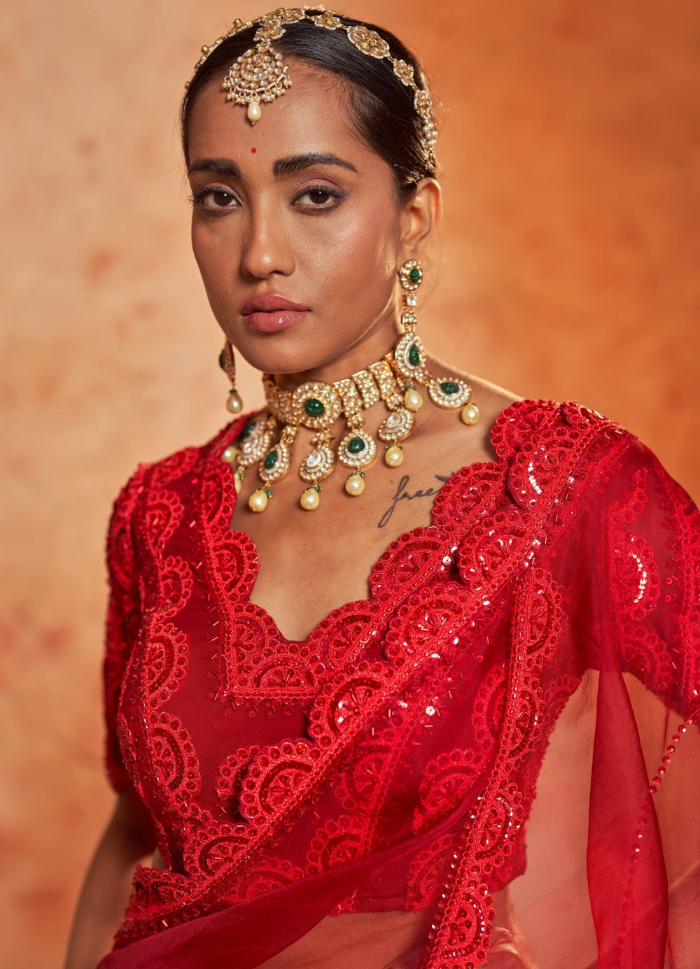 Red Embellished Pre-Draped Georgette Saree With Scalloped Blouse Nidhika Shekhar - Fabilicious Fashion