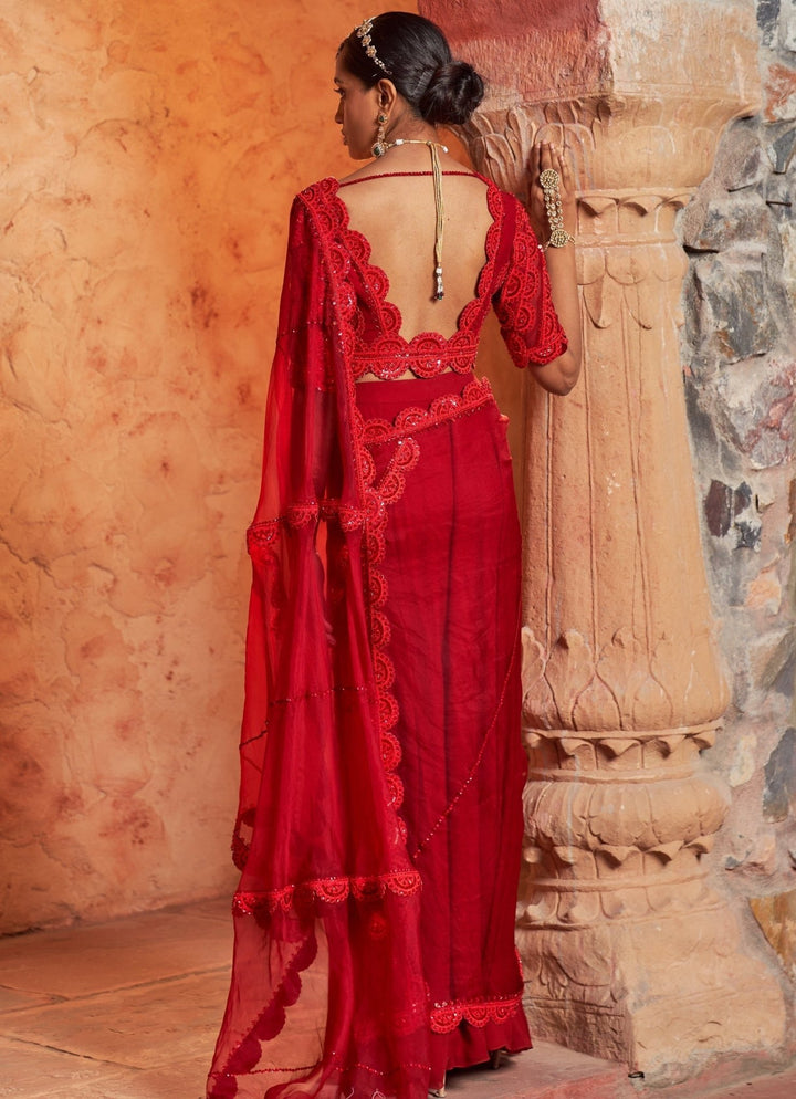 Red Embellished Pre-Draped Georgette Saree With Scalloped Blouse Nidhika Shekhar - Fabilicious Fashion