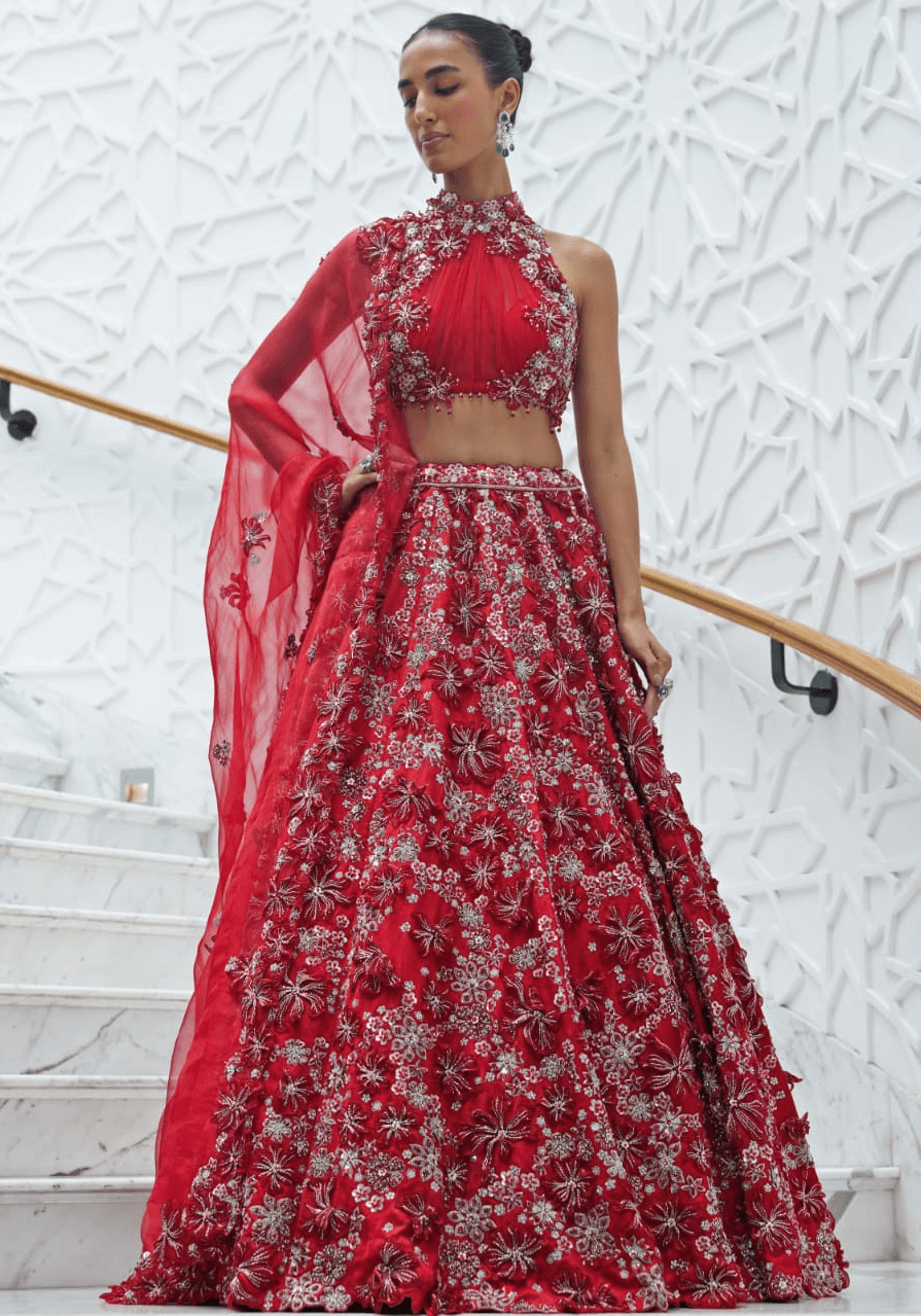 Red Embroidered Bridal Lehenga Set Nitika Gujral - Fabilicious Fashion