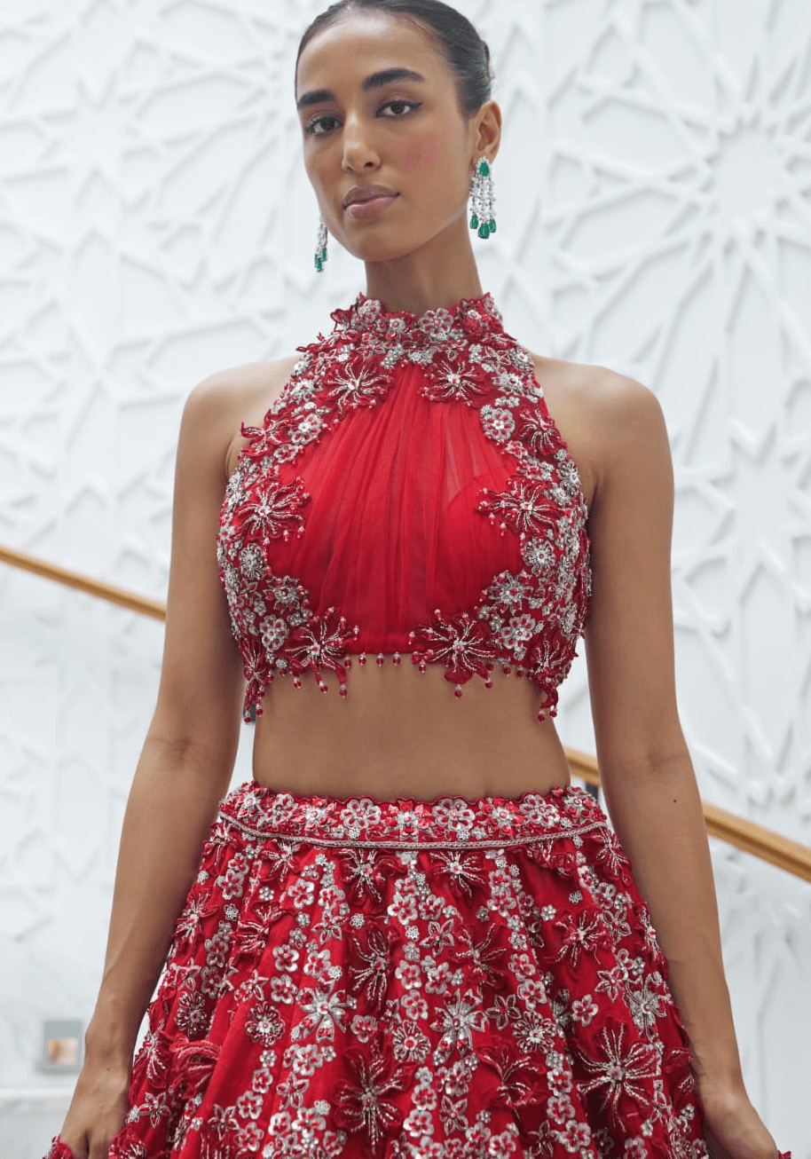 Red Embroidered Bridal Lehenga Set Nitika Gujral - Fabilicious Fashion