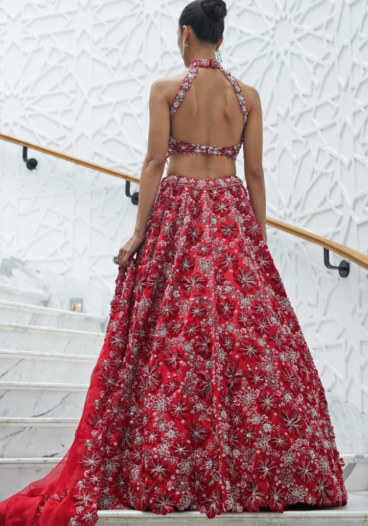 Red Embroidered Bridal Lehenga Set Nitika Gujral - Fabilicious Fashion
