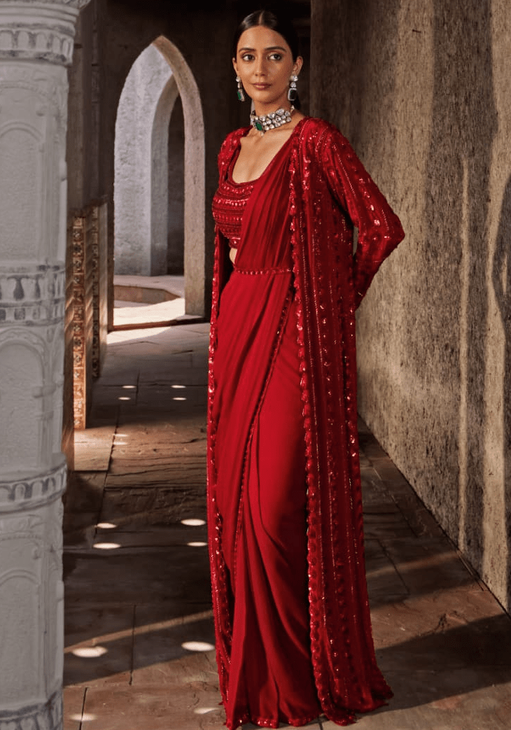Red Embroidered Georgette Pre Drape Saree Set Nidhika Shekhar - Fabilicious Fashion