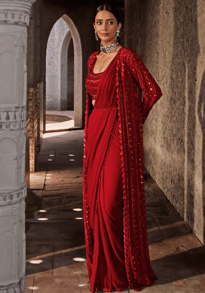 Red Embroidered Georgette Pre Drape Saree Set Nidhika Shekhar - Fabilicious Fashion